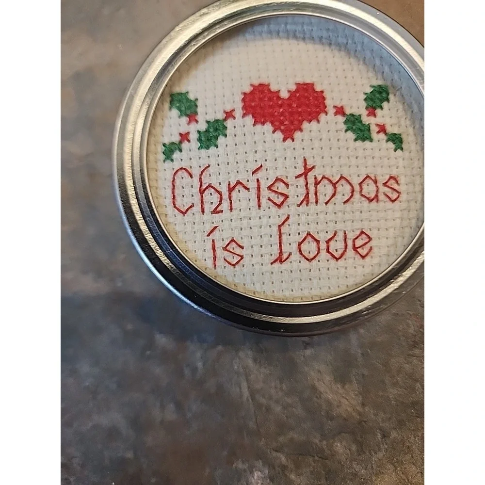 Handmade Completed Cross Stitch Canning Jar Lid Cover 